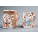 Two Chinese Export Mandarin Palette Porcelain Tankards , 18th c., Qianlong, each painted with