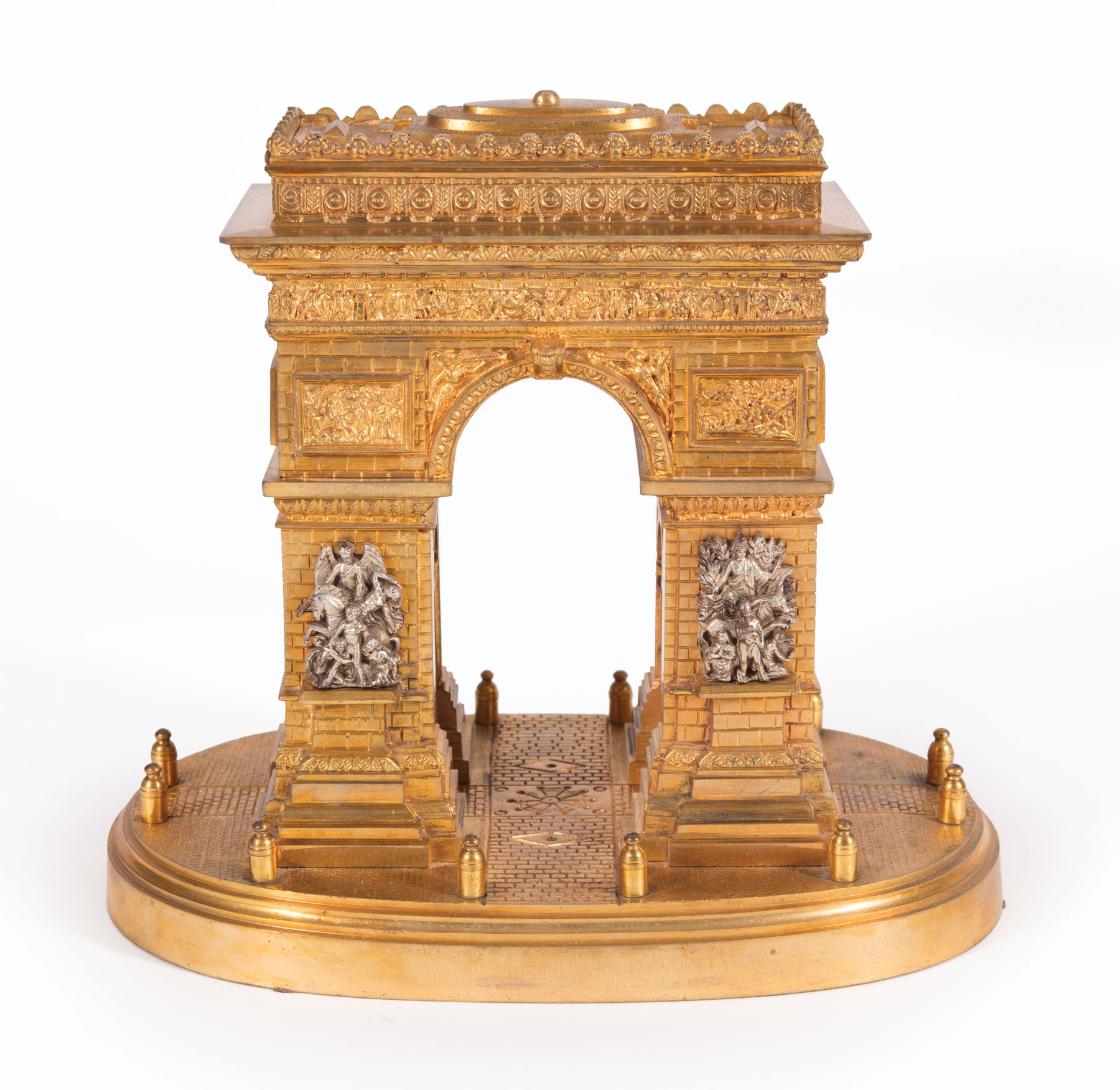 French Grand Tour Gilt Bronze Model of the Arc de Triomphe , mid-19th c., pediment with concealed - Image 3 of 5