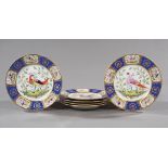 Six Chelsea-Style Polychrome and Gilt Porcelain Cabinet Plates , gold anchor mark, reserves and rims