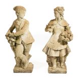 Pair of Antique Cast Stone Garden Figures , modeled as a young maiden and boy holding flowers,