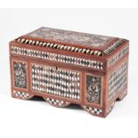 Moorish-Style Mother-of-Pearl Inlaid Hardwood Coffer , chamfered top, bracket feet , h. 12 in., w.
