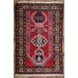 Persian Caucasian Carpet , red central ground, triple medallion, 4 ft. 4 in. x 2 ft. 10 in