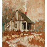 Chestee Harrington (American/Louisiana, b. 1941) , "Cabin", 1971, oil on carved wood, signed,