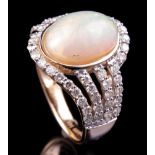 14 kt. Yellow Gold, Opal and Diamond Ring , bezel set oval cabochon opal, wt. approx. 3.02 cts.;