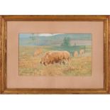 American School, early 20th c ., "Sheep Grazing in a Field", gouache on board, signed "H. I.