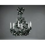 French Tôle Peinte and Porcelain-Mounted Twelve-Light Chandelier , fluted standard, electrified,