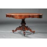 English Carved Rosewood Center Table , 19th c., shaped top, lobed standard, arched acanthine legs
