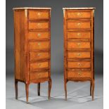 Pair of Louis XVI-Style Bronze-Mounted Inlaid Kingwood Semainiers , 20th c., marble top, seven