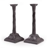 Pair of Wedgwood Black Basalt Columnar Candlesticks , c. 1890, impressed "Wedgwood", "England"