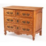 French Provincial Carved Fruitwood Commode , 19th c., molded top, three cartouche-paneled drawers,