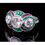 Art Deco-Style Platinum, Diamond, Emerald and Ruby Ring , 3 bezel set round diamonds, exact wt. 1.42
