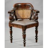Anglo-Colonial Tropical Hardwood Corner Chair , mid-to-late 19th c., demilune crest, scrolled