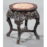 Chinese Carved Hardwood Side Table , c. 1930s, marble inset beaded floriform top, pierced prunus