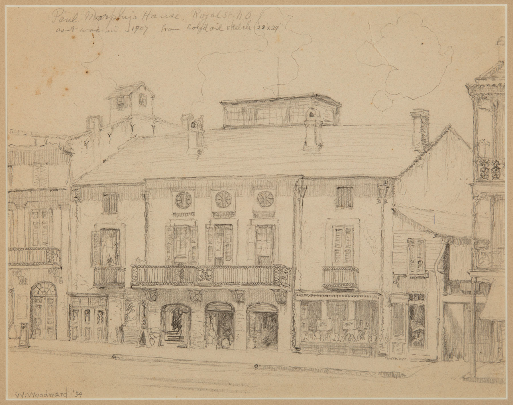 William Woodward (American/Louisiana, 1859-1939) , "Paul Morphy's House Royal St.", 1934, graphite
