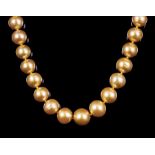 14 kt. Yellow Gold and Graduated Golden South Sea Pearl Necklace , 39 round cultured pearls, 10-13