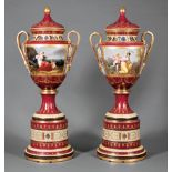 Pair of Large Continental Polychrome and Gilt-Decorated Covered Urns in the Style of Royal