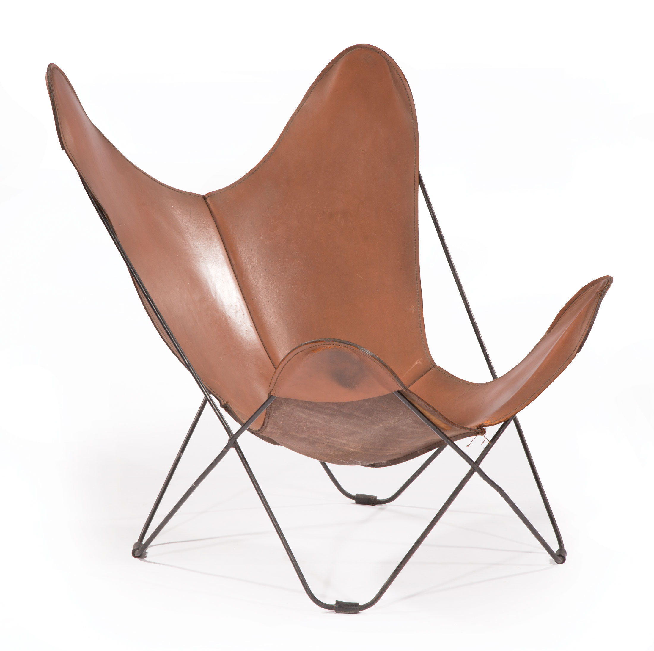 Contemporary Leather "Butterfly" Chair , metal frame, four part stitched seat , h. 33 in., w. 30