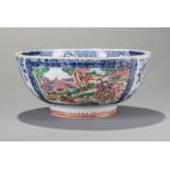 Chinese Export Mandarin Palette Porcelain "Hunt Scene" Bowl , 18th c., Qianlong, exterior painted