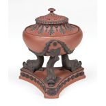 Wedgwood Rosso Antico Tripod Covered Censer , c. 1805, impressed uppercase mark, Egyptianesque