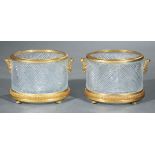 Pair of Bronze-Mounted Baccarat-Style Diamond Point Cut Crystal Jardinieres , ram's head handles, h.