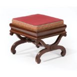 American Classical Mahogany Curule Footstool , 19th c., boxed upholstered seat, ogee frieze,
