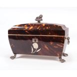 Fine Continental Silver and Mother-of-Pearl Inlaid Tortoiseshell Tea Caddy , c. 1825, Dutch marks,