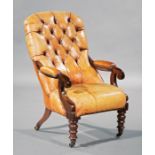 William IV Carved Mahogany and Leather Library Chair , button-tufted back, scrolled padded arms,