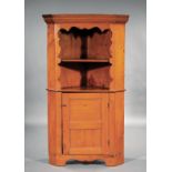American Federal Carved Cherrywood Corner Cabinet , early 19th c., stepped cornice, upper section