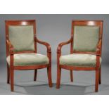 Pair of Louis Philippe Carved Mahogany Fauteuils , 19th c., scroll back crest rail, lappet-carved
