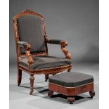 American Renaissance Carved Mahogany Armchair , mid-19th c., arched back, scrolled arms, fluted