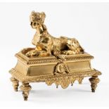 Louis XVI-Style Gilt Bronze Chenet , late 19th c., surmounted by a female sphinx, base with relief