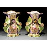 Pair of Paris Porcelain Mantel Vases , mid-19th c., mauve ground with polychrome and gilt