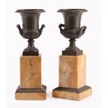 Pair of Grand Tour Sienna Marble and Bronze "Medici" Urns , 19th c., on tall pedestal base, h. 10