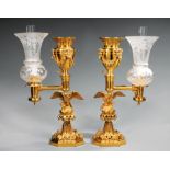 Pair of English Gilt Bronze Single-Arm Argand Lamps , c. 1835, marked "Messenger & Sons", spreadwing