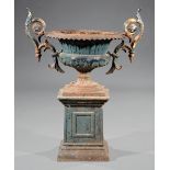Antique American Cast Iron Garden Urn on Stand , 19th c., scroll handles, h. 39 in., dia. 30 3/4