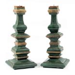 Pair of Venetian Painted and Parcel Gilt Carved Wood Pricket Candlesticks , h. 22 in., w. 9 in.,