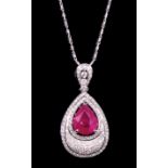 14 kt. White Gold Ruby and Diamond Pendant with 14 kt. White Gold Chain , prong set pear shaped