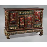 Vietnamese Carved and Polychrome Painted Wood Cabinet , mid-20th c., carved with antiques, birds and