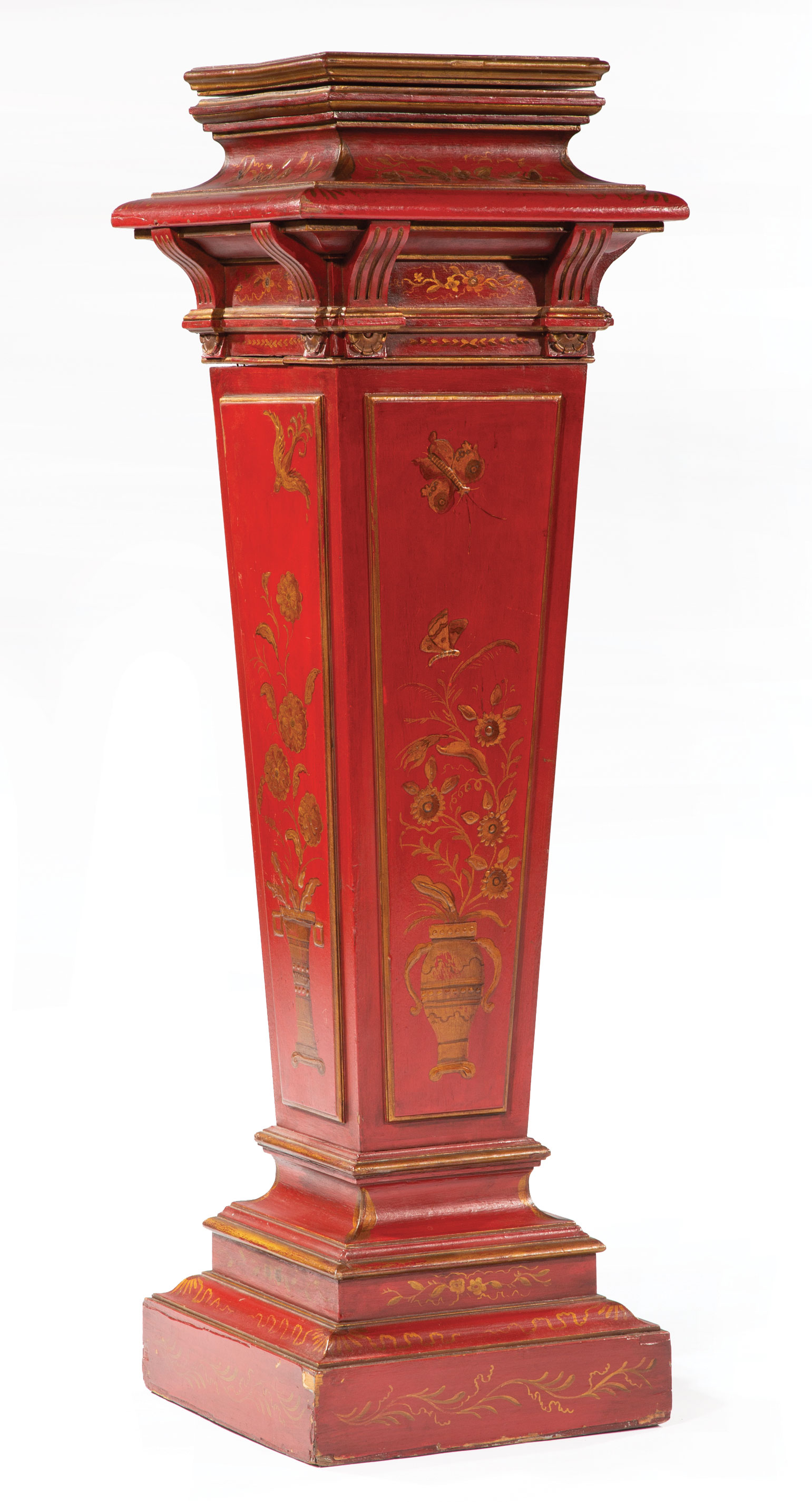 Continental Chinoiserie-Painted Pedestal , molded rotating top, reverse tapered standard, shaped