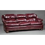 Contemporary Leather Sofa , fixed cushioned back, three loose seat cushions, concave base, bun feet,