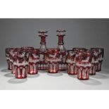 Set of Eleven Bohemian Ruby Cut-to-Clear Glass Tumblers , decorated with deer in forest scenes, h. 5