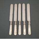 Assembled Set of 22 Antique American Silver-Mounted Mother-of-Pearl Knives , incl. 12 with