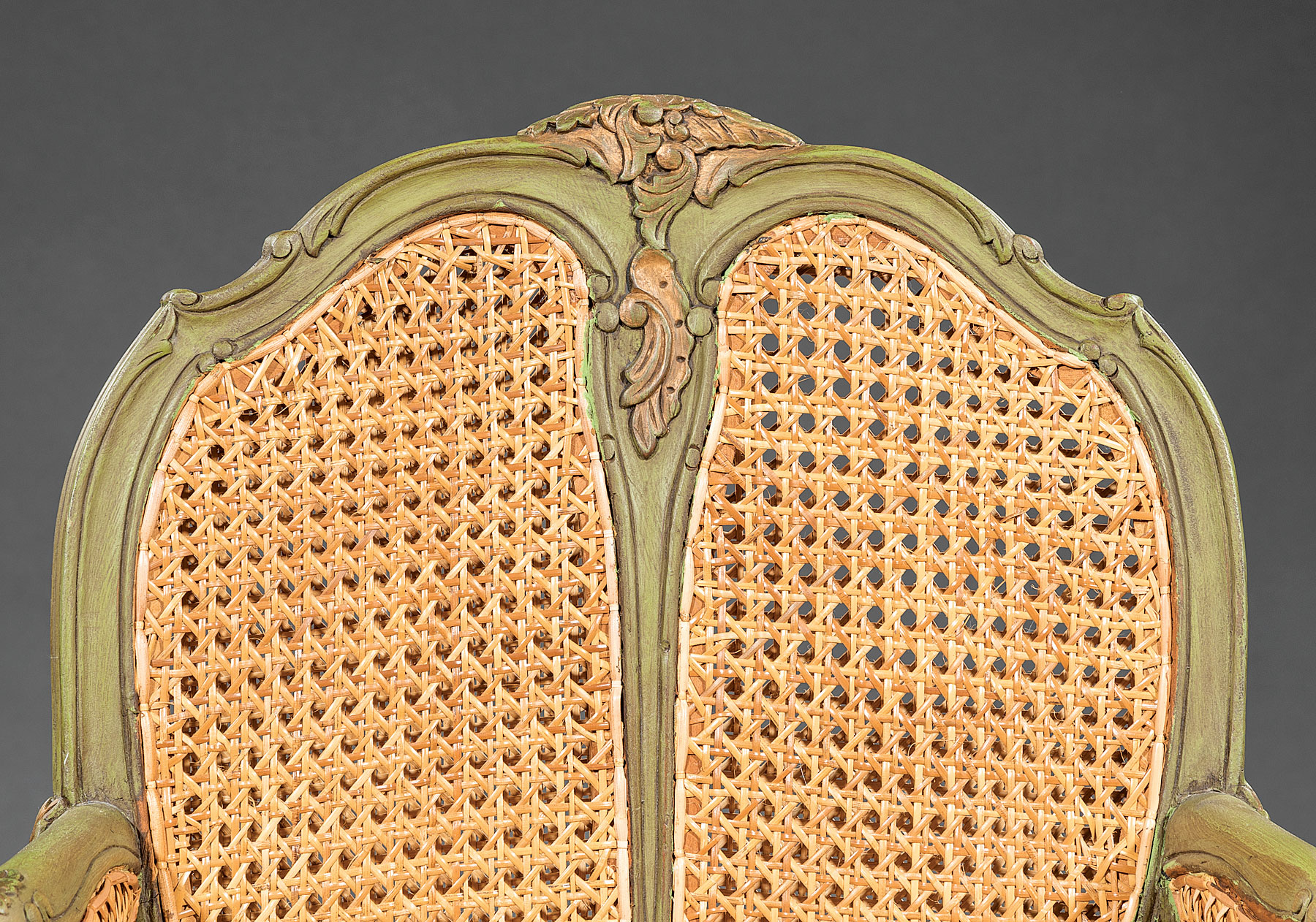 Pair of Vintage Continental Painted and Caned Bergeres , cartouche back, foliate decoration, - Image 3 of 5