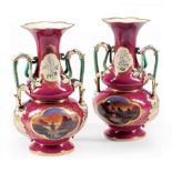 Pair of Paris Polychrome and Gilt Porcelain Vases , 19th c., looped stem handles with foliate