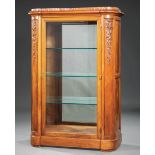 Belle Epoque Carved Walnut Vitrine , c. 1900, marble top, floral-carved stiles, beveled glass