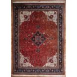 Heriz Carpet , red ground, blue border, white spandrels, central medallion, 8 ft. 1 in. x 11 ft. 3