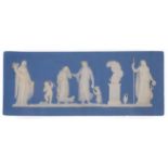 English Jasperware Plaque , 19th c., Classical figures, float-mounted, framed, 2 1/4 in. x 5 3/4