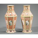 Pair of Chinese Famille Rose Porcelain Hexagonal Vases , Qing Dynasty (1644-1911), faceted bodies