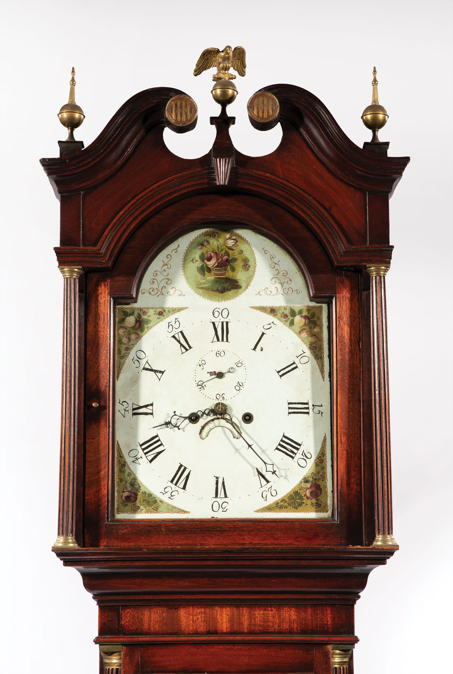 George III Mahogany Tall Case Clock , 19th c., broken scroll pediment, eagle and ball finials, - Image 2 of 2