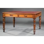 Antique Carved Mahogany Writing Table , inset red leather top, canted corners, four frieze